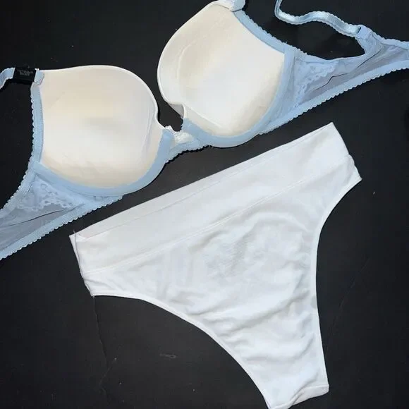 Victoria's Secret 32C BRA SET S BRAZILIAN panty WHITE BLUE BRIDAL DREAM ANGELS Bras